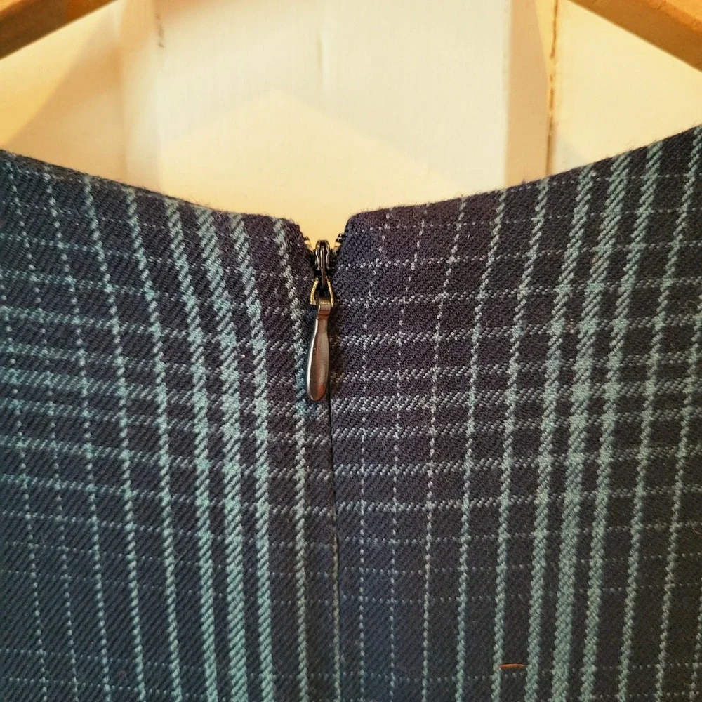 TWIK Plaid Pinafore Dress Navy Blue Teal Academia Layering Jumper Dress Small - Picture 8 of 14